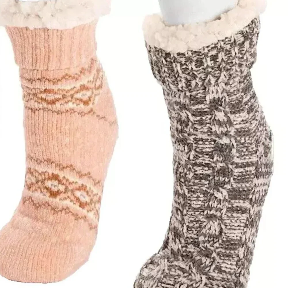 MUK LUKS Women's XL 2 Pack Lined Socks Faux Fur SIZE 8-10 Pink Gray NEW